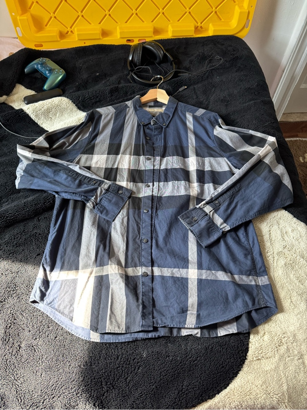 Burberry Navy and Gray Plaid Lightweight Shirt Jacket